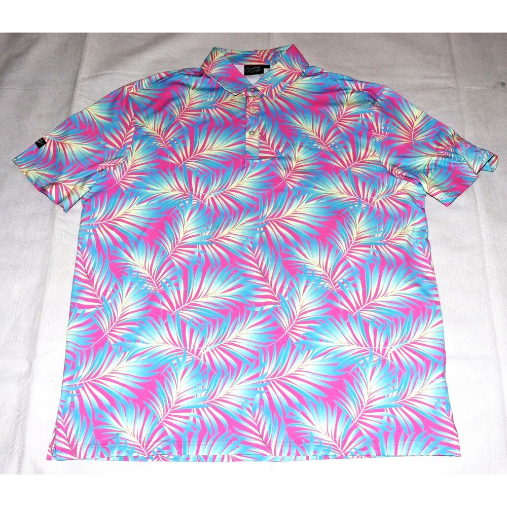 Sunday Swagger Maldives Men's XL Polo Shirt Palm Leaf Tropical Performance Neon